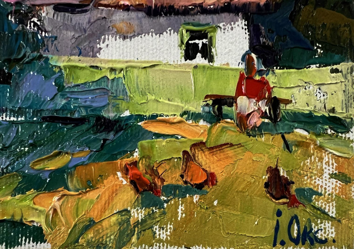Oil painting Summer coolness by Oksana Ivanyuk: red figure on bench in vibrant landscape