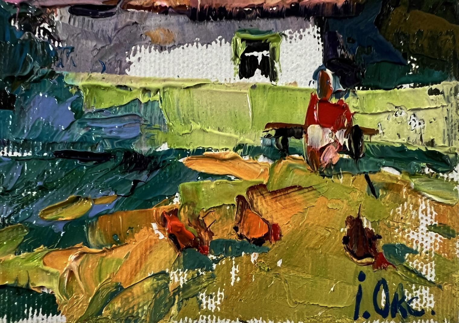 Oil painting Summer coolness by Oksana Ivanyuk: red figure on bench in vibrant landscape