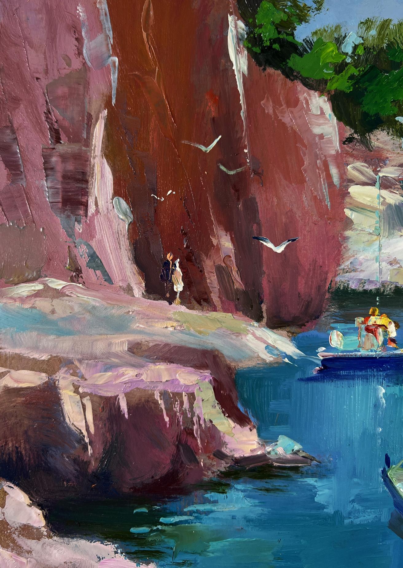 Oil painting by Yuriy Suprunchuk: boats on rocky shore with pink cliffs, turquoise sea, seagulls