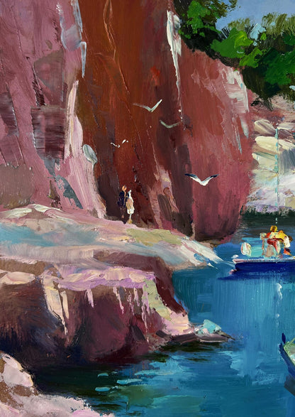 Oil painting by Yuriy Suprunchuk: boats on rocky shore with pink cliffs, turquoise sea, seagulls