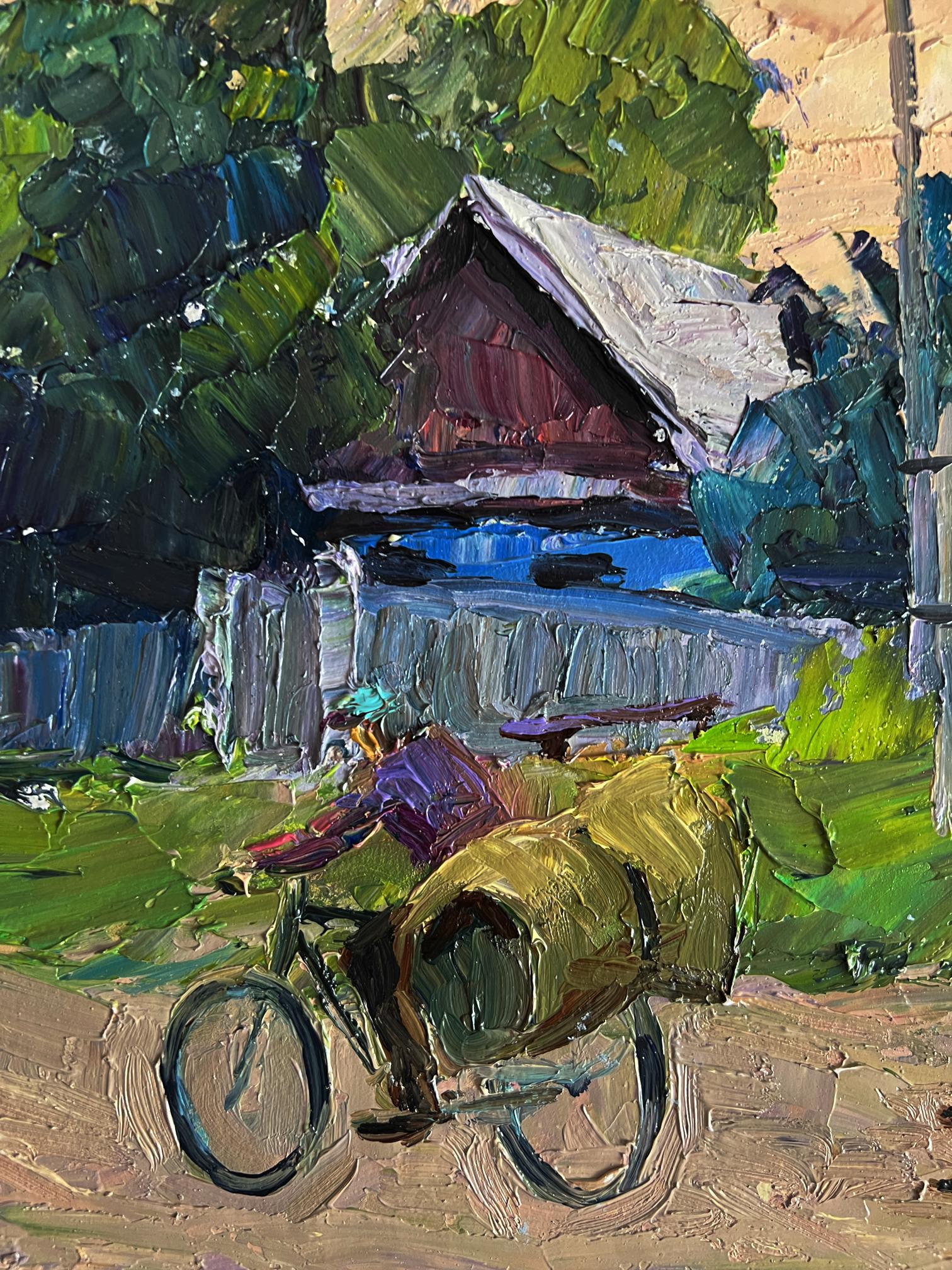 Oil painting Country life with dog by Boris Serdyuk: cyclist with yellow sack