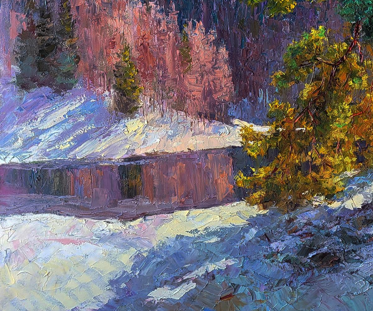 Oil painting by Boris Serdyuk: snowy mountain cabin amid autumn trees