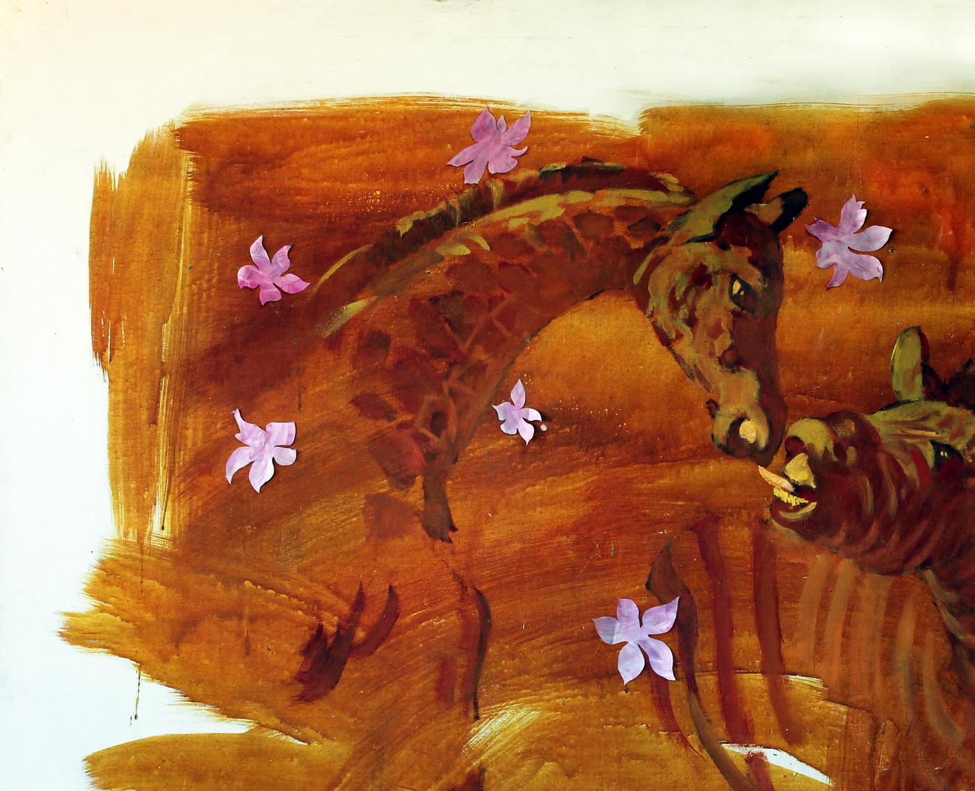 Oil painting Kiss Ed Potapenkov: brown giraffe with pink flowers