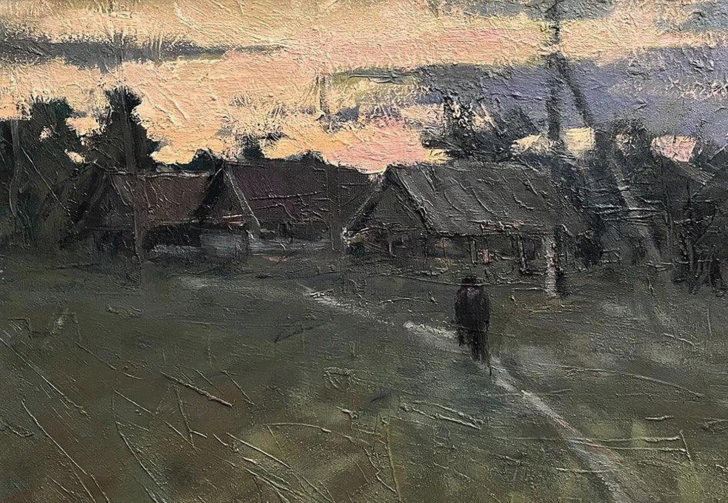 Oil painting Cold September by Volodymyr Pashchenko, village at dusk