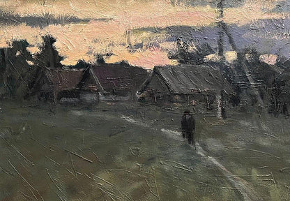 Oil painting Cold September by Volodymyr Pashchenko, village at dusk