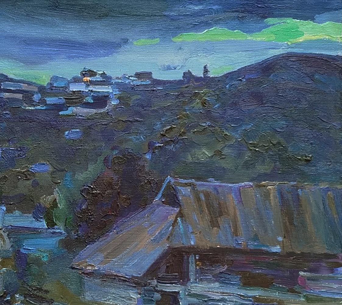 Oil painting Twilight in the village by Leonid Pavlenko textured village hills twilight