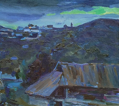 Oil painting Twilight in the village by Leonid Pavlenko textured village hills twilight