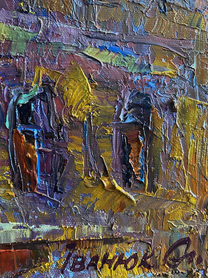 Oil painting Quiet city courtyard by Oleksiy Ivanyuk impasto gold purple blue