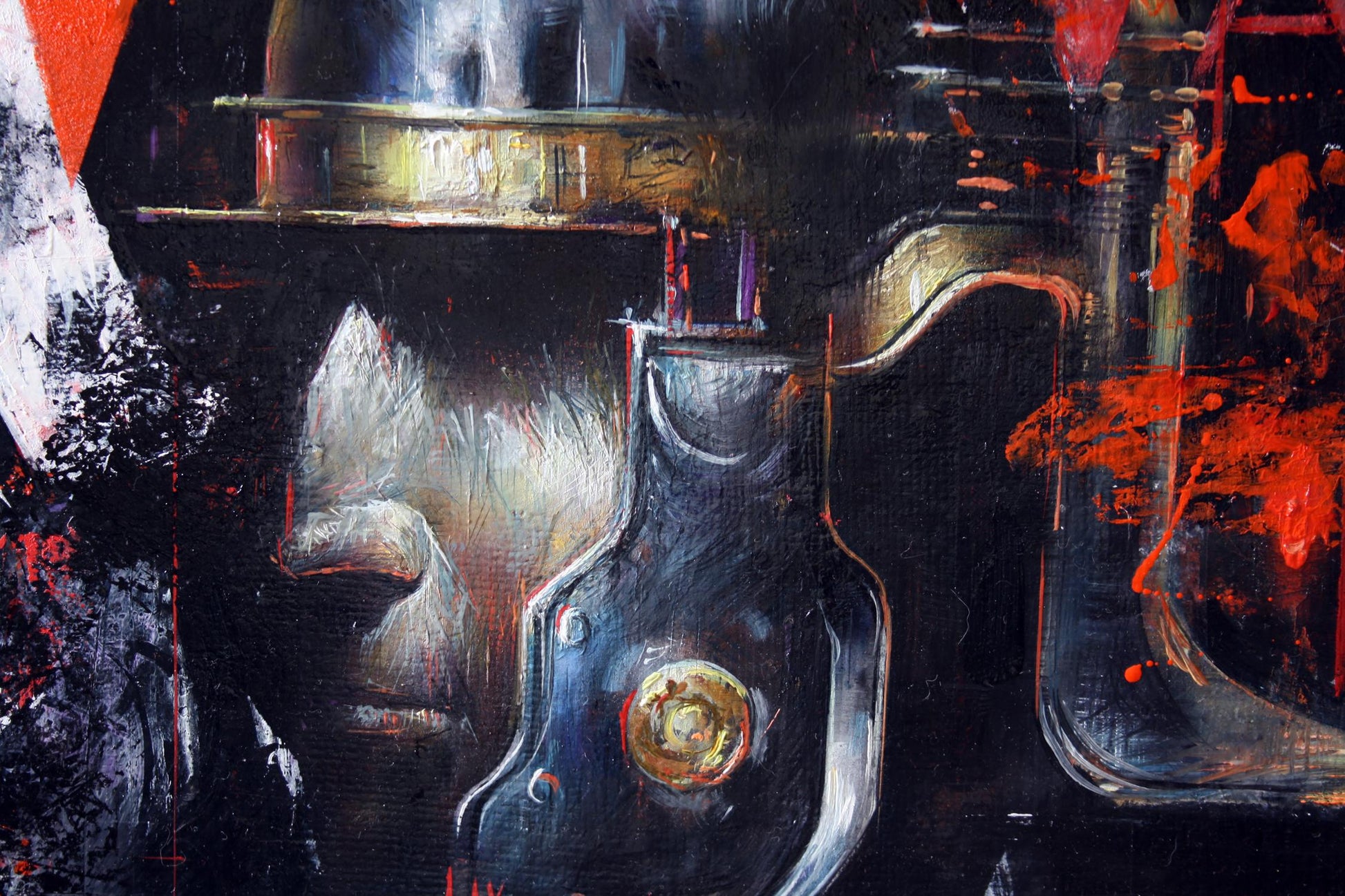 Oil painting of dark mechanical warrior face by Alexander Dobrodiy