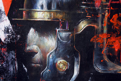 Oil painting of dark mechanical warrior face by Alexander Dobrodiy