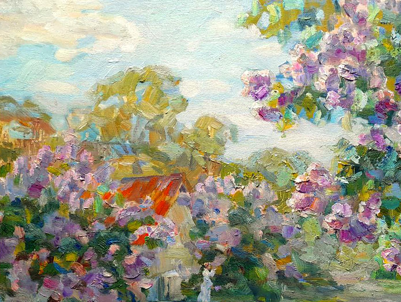 Vibrant impressionist Oi painting of lilac garden by Ivan Kovalenko