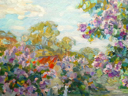 Vibrant impressionist Oi painting of lilac garden by Ivan Kovalenko