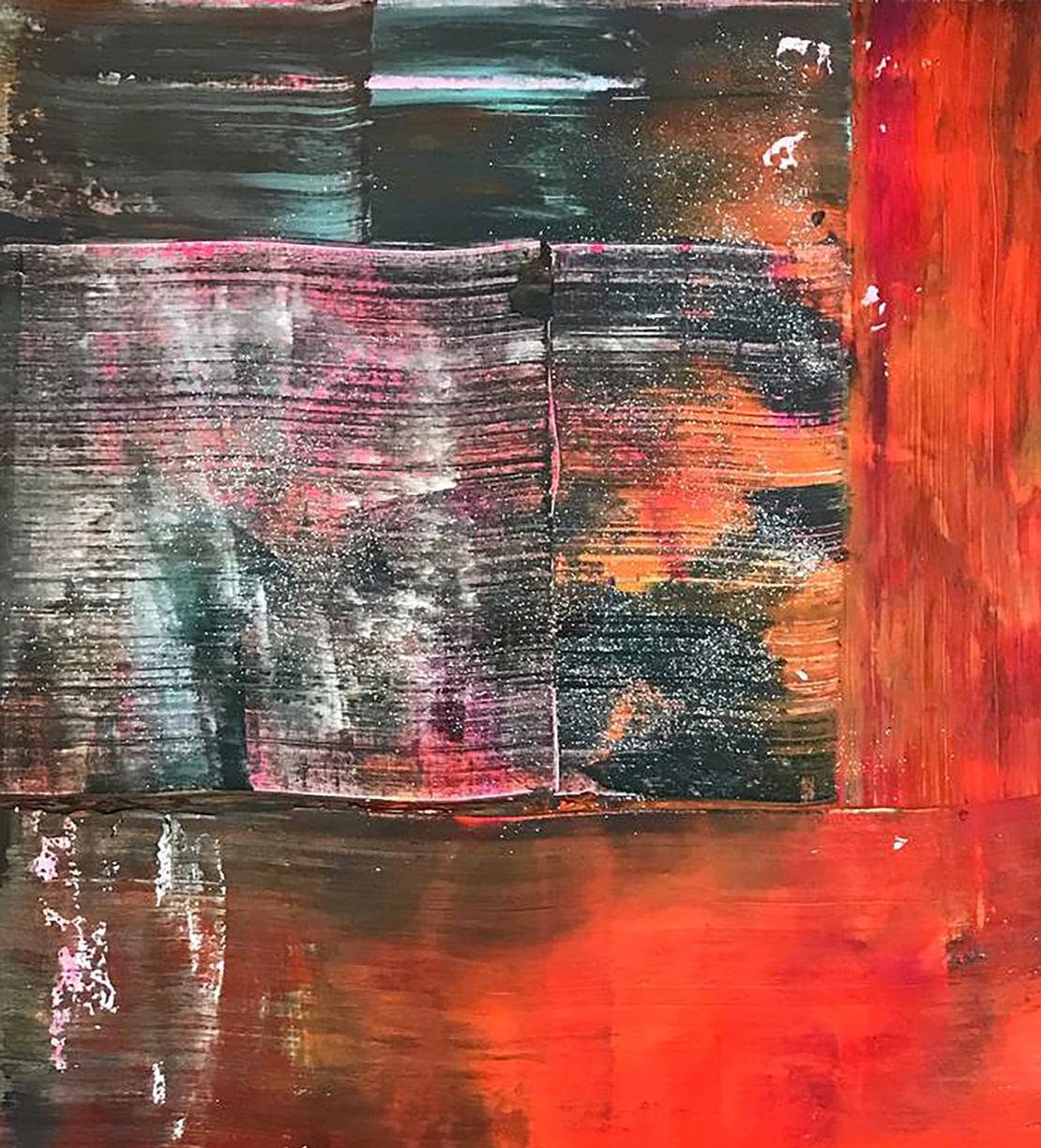 Acrylic painting LOVE by Olga Melezhik with red black teal bands