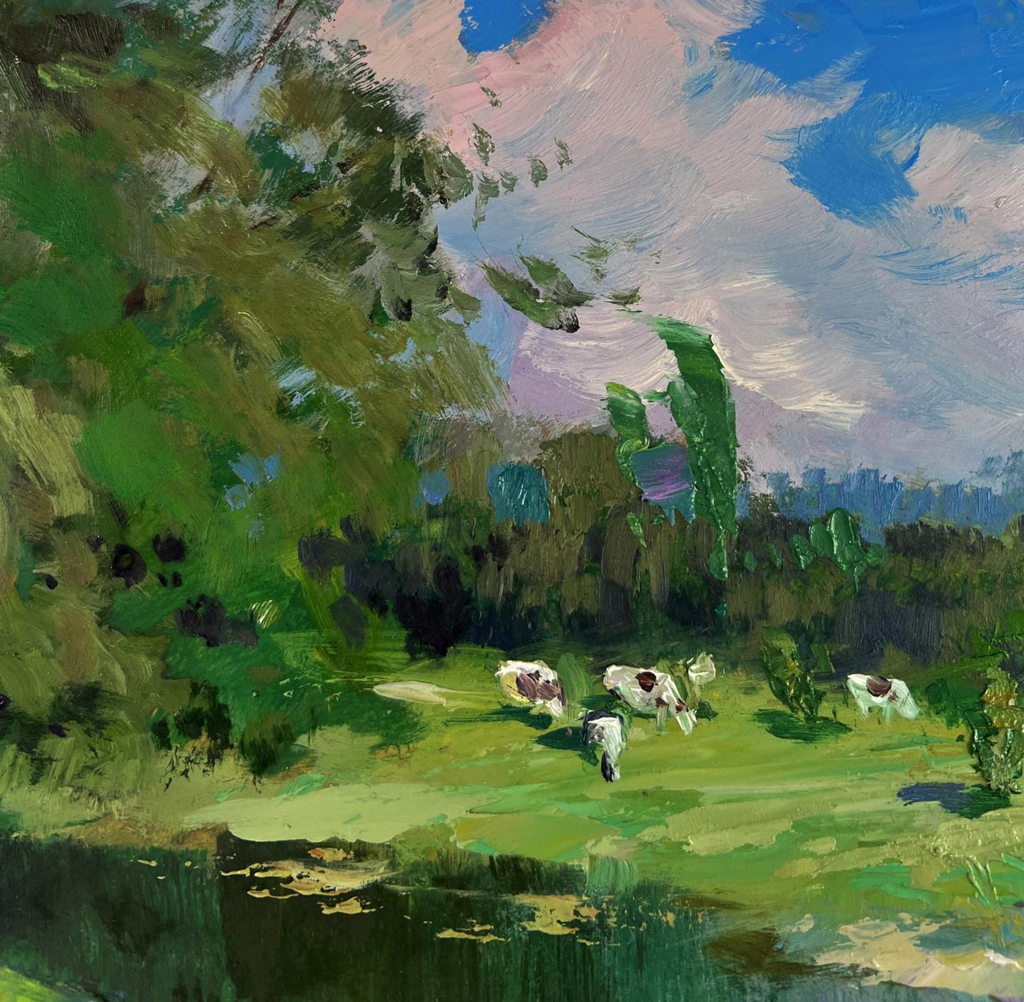 Oil painting by Yuriy Suprunchuk: girl washes at pond in pastoral meadow