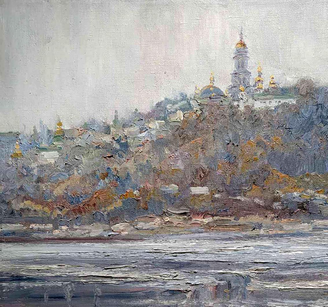 Oil painting View of the Church by Leonid Pavlenko misty riverside scene