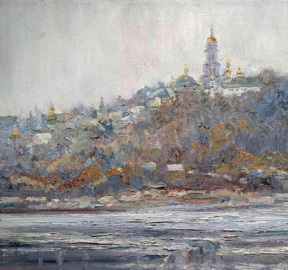 Oil painting View of the Church by Leonid Pavlenko misty riverside scene