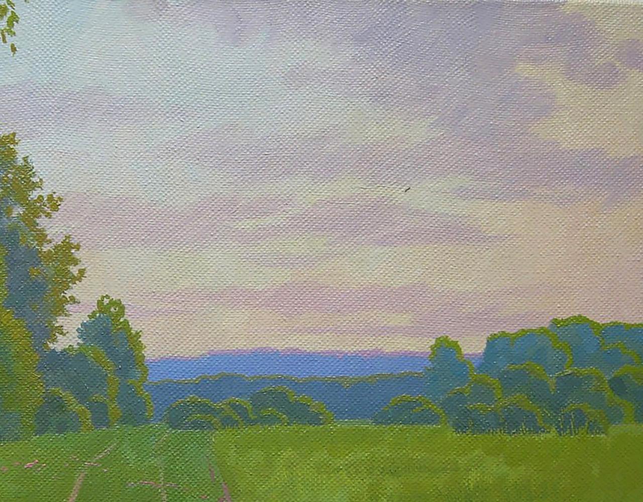 Oil painting Morning summer field by Valery Savenets: green field, blue-green trees, purple-pink sky
