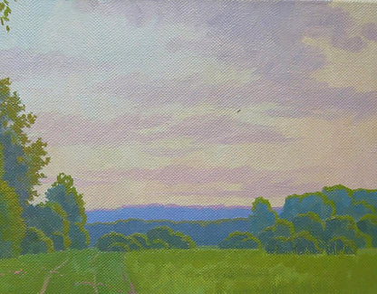 Oil painting Morning summer field by Valery Savenets: green field, blue-green trees, purple-pink sky
