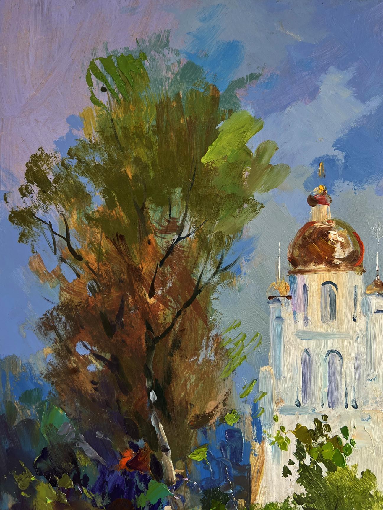 Oil painting of white stone church with golden domes by Yuri Suprunchuk