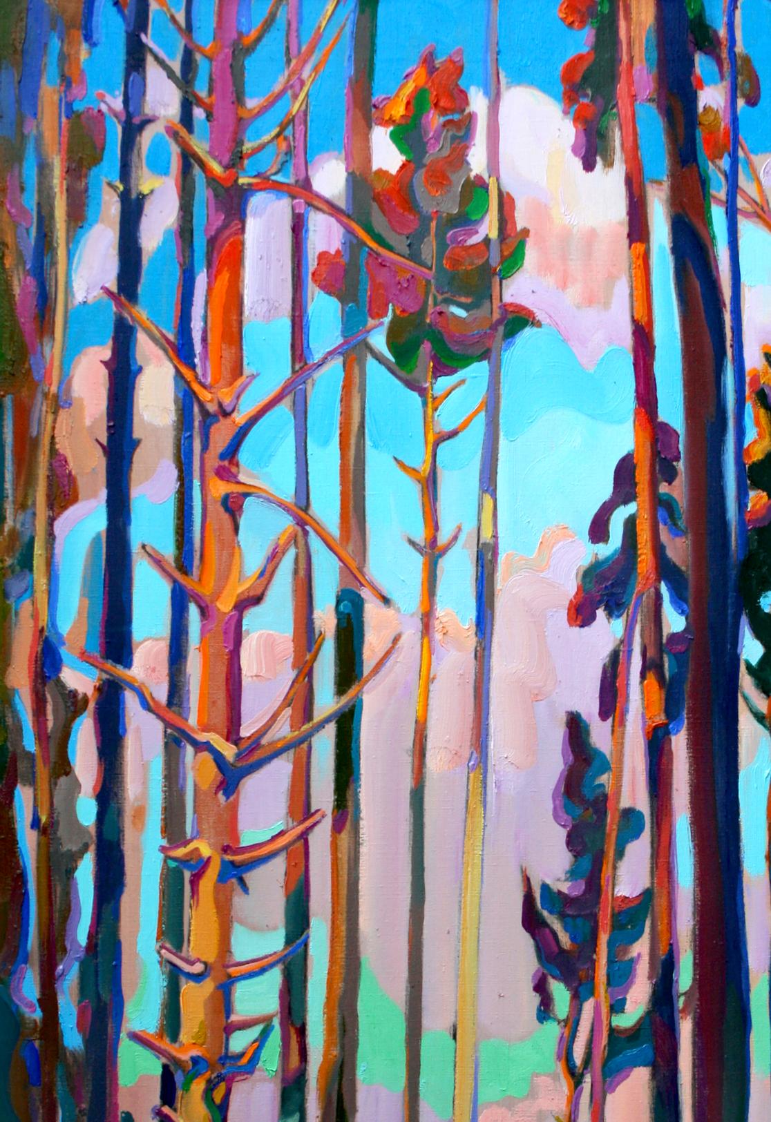 Vibrant Red Pines oil painting by Leonid Pavlenko, abstract forest art