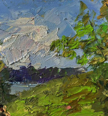 Oil painting Morning fishing by Boris Serdyuk with blue green purple strokes