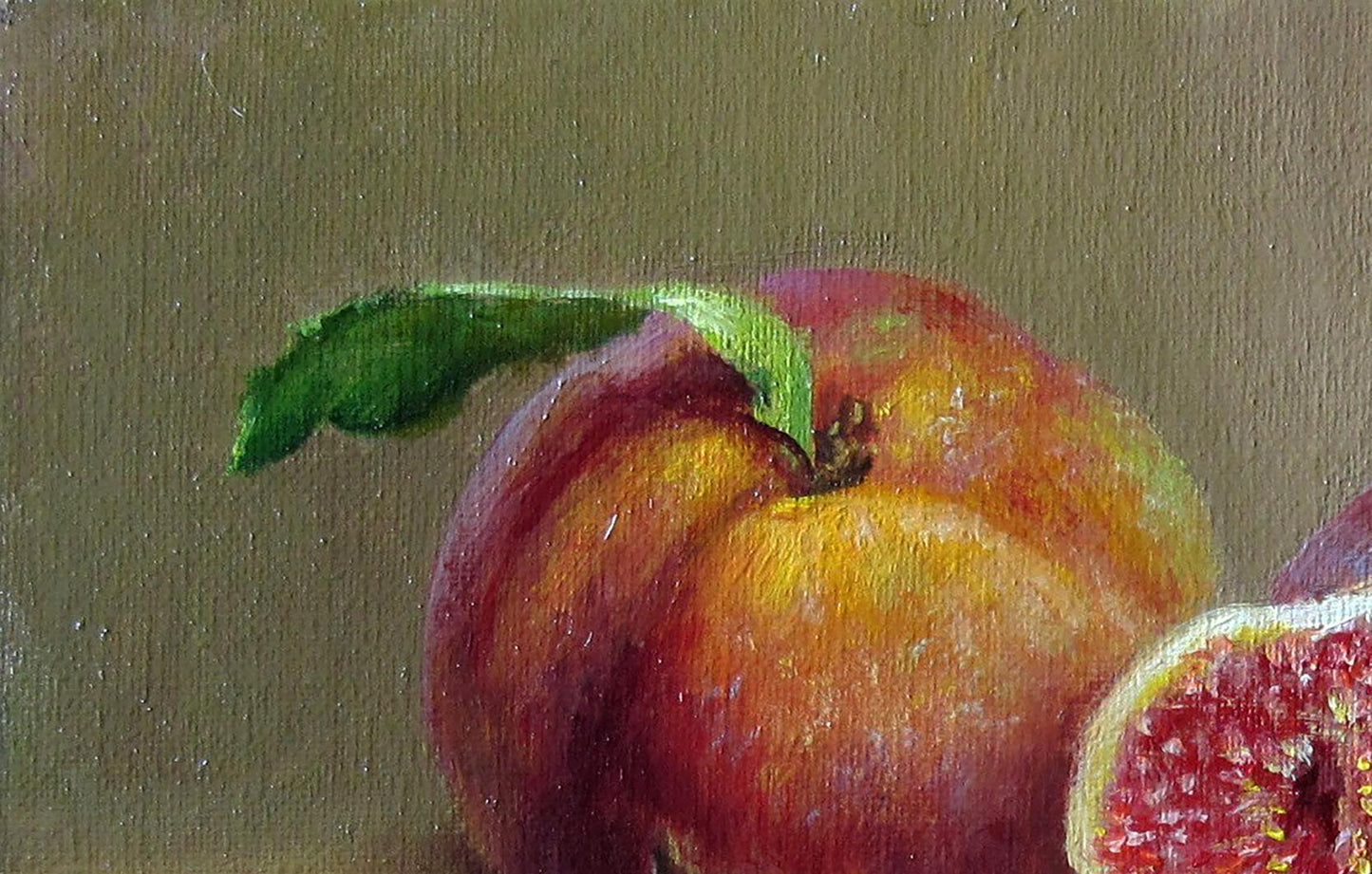 Oil painting of ripe peach with orange-red gradient skin and green leaf by Valeriy Bulat