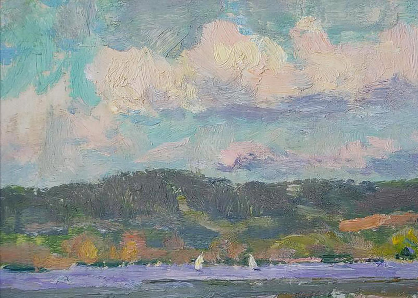 Oil painting Reservoir by Yury Konovalov: serene pastel landscape with sailboats