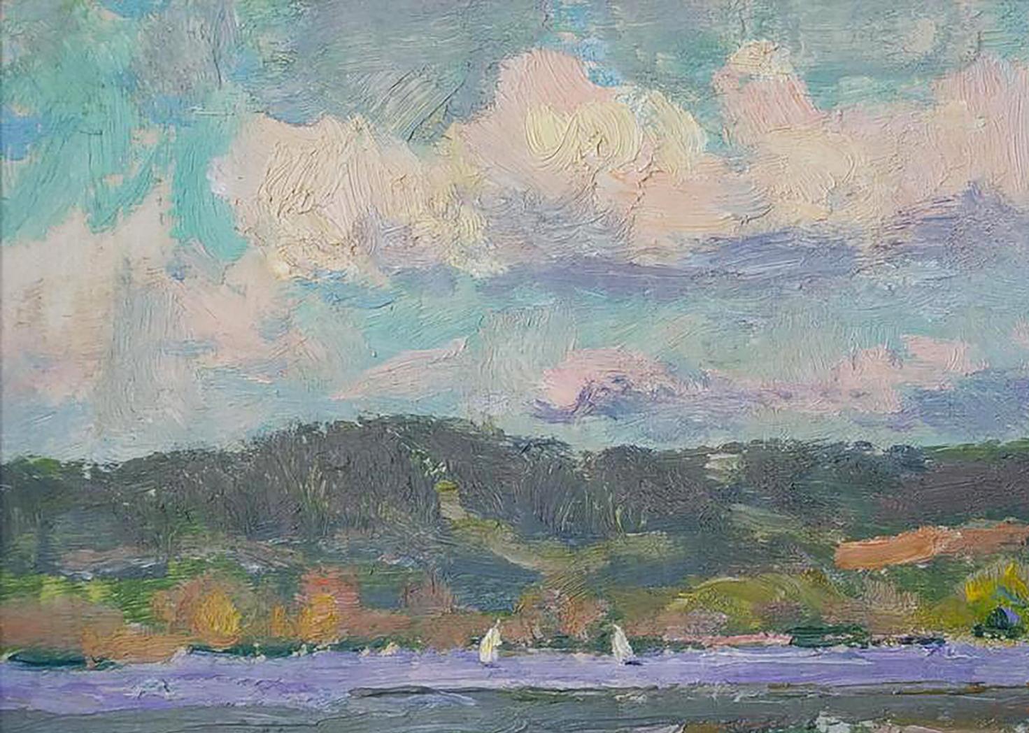 Oil painting Reservoir by Yury Konovalov: serene pastel landscape with sailboats