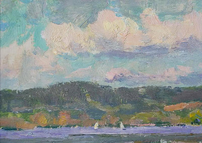 Oil painting Reservoir by Yury Konovalov: serene pastel landscape with sailboats