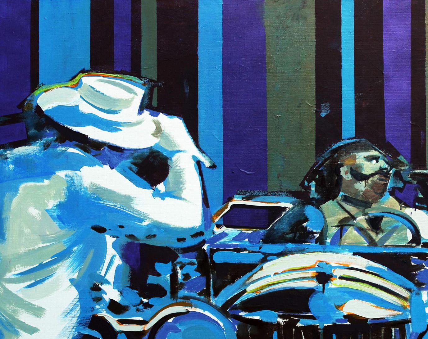 Oil painting Good evening with friends by Ed Potapenkov, stylized men in vintage car