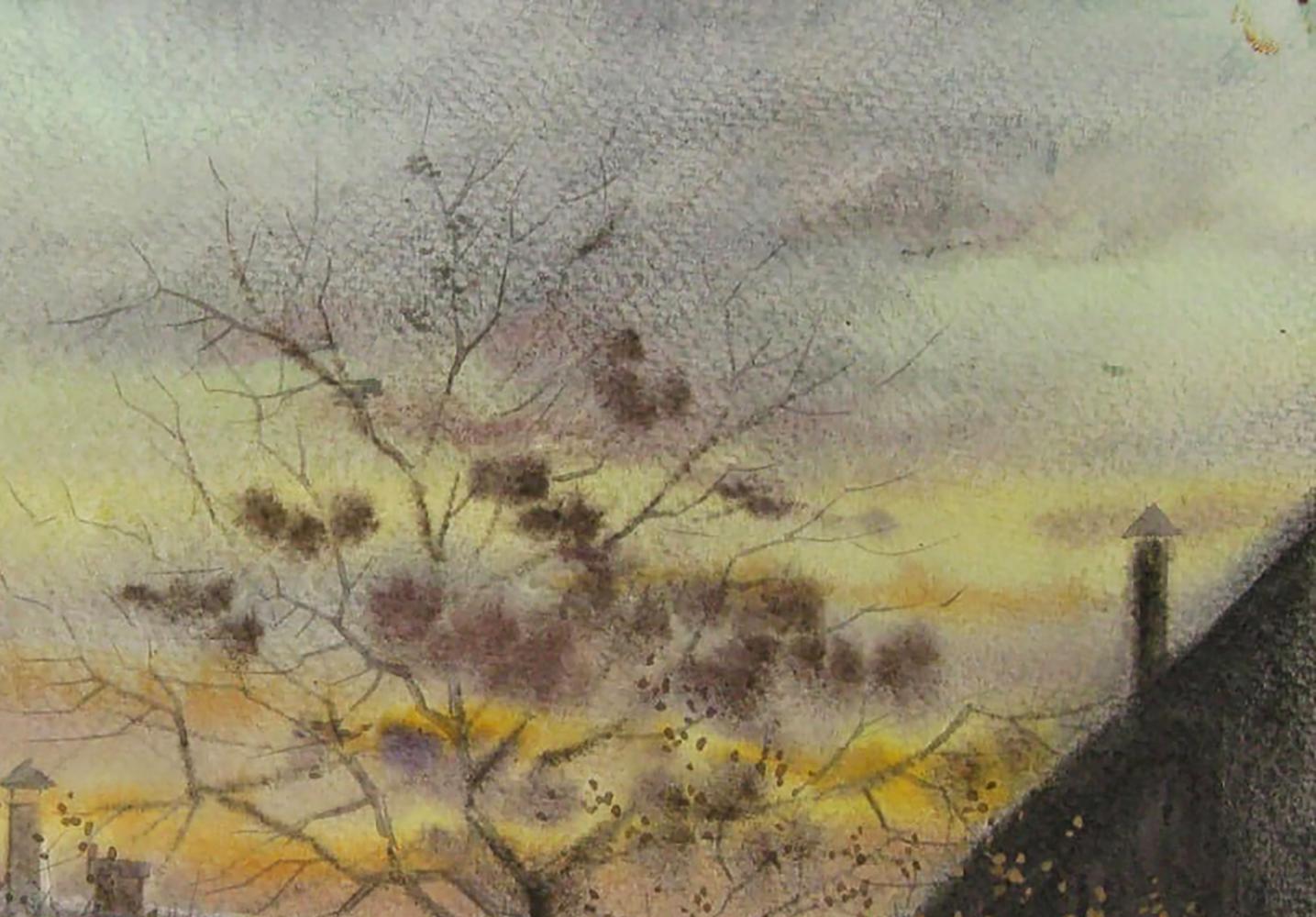 Watercolor painting Winter is coming by Valery Savenets bare tree in gradient sky