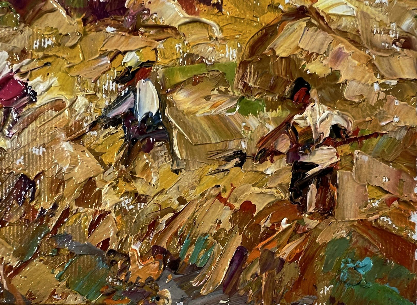 Impasto oil painting Daytime haymaking by Oleksiy Ivanyuk in ochre tones