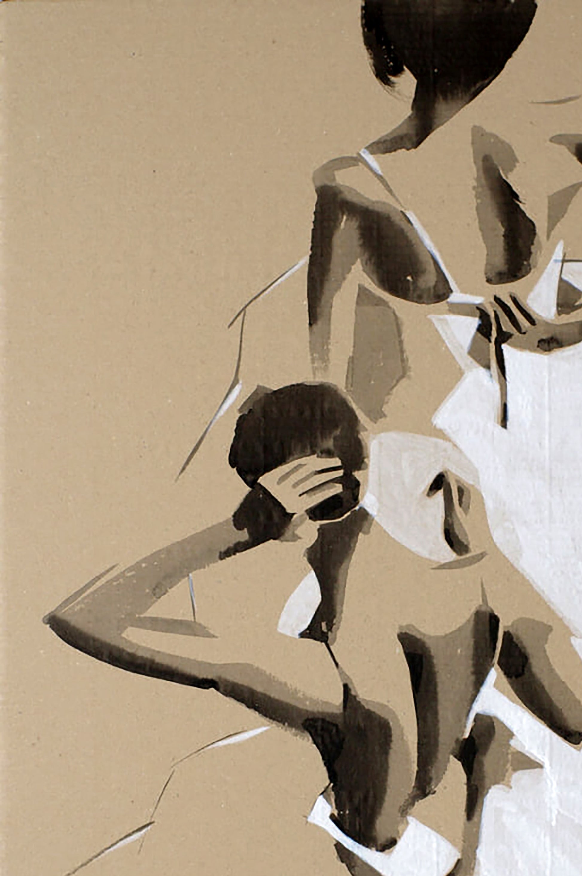 Abstract sepia acrylic painting After party by Dima Filatov with stylized figures