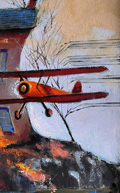 Vibrant red and orange biplane acrylic painting Red Flight by Juan Angel Gonzalez de la Calle