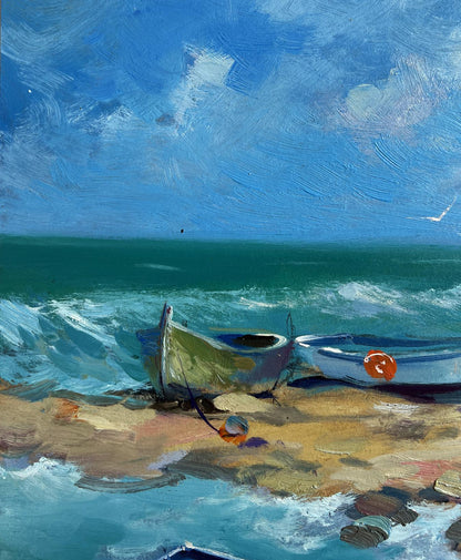 Oil painting Freedom over the sea by Yuriy Suprunchuk: green and white boats on shore