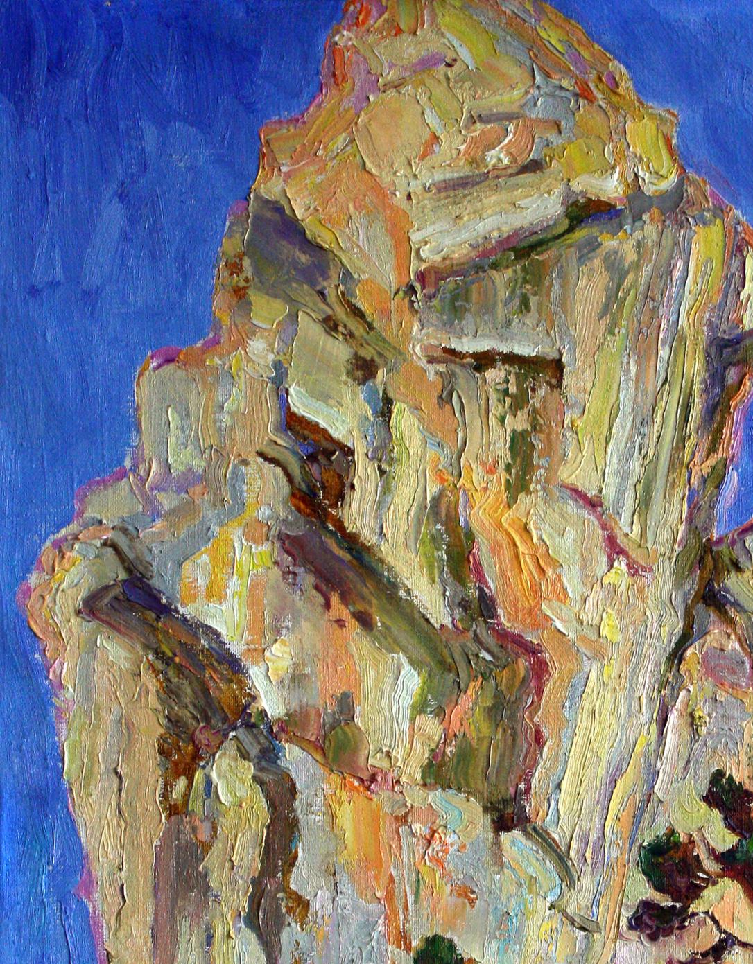 Textured impasto oil painting of rugged cliff at sunrise by Leonid Pavlenko