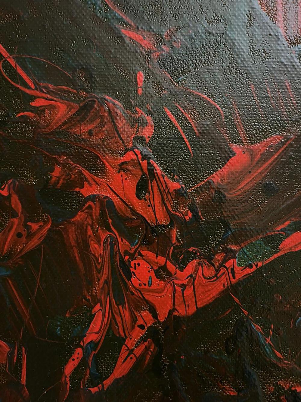 Oil painting Search for truth by Serhiy Kovalev with red black teal swirls