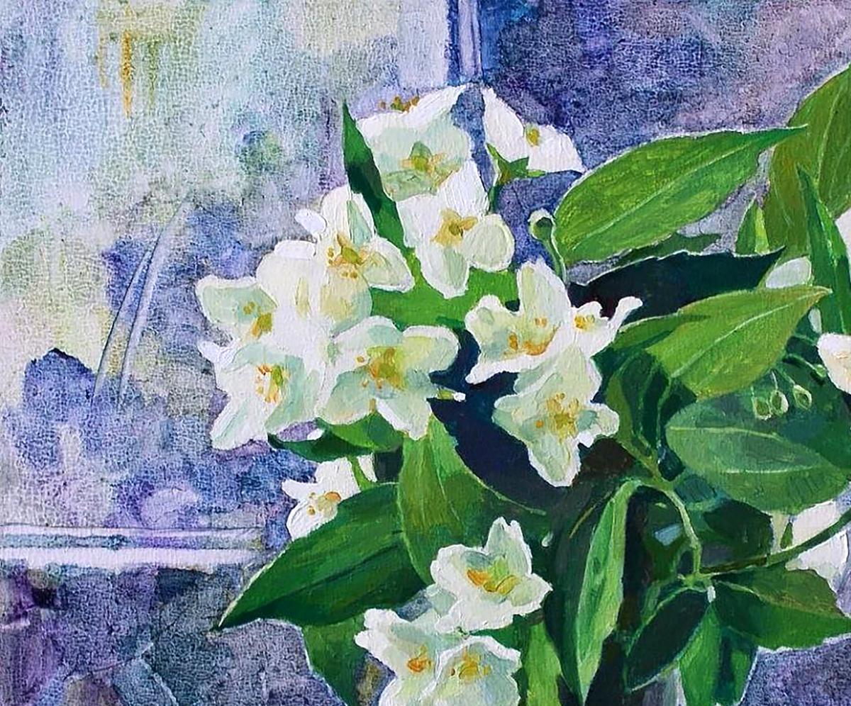Impressionistic oil painting of white jasmine flowers by Anastasia Yaroshevich