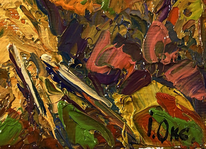 Vibrant oil painting Field with hay by Oksana Ivanyuk, impasto orange green hues