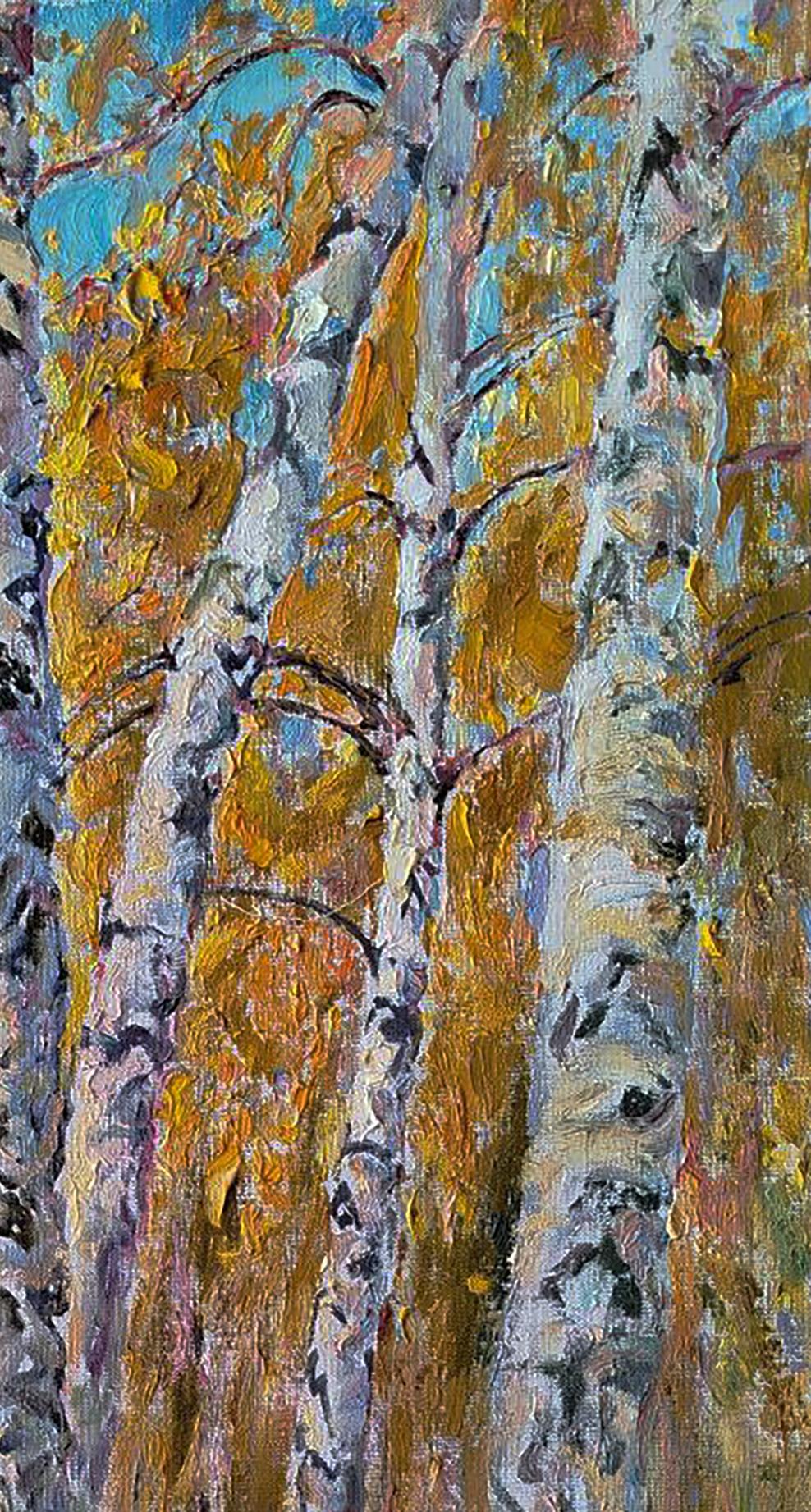 Vibrant impressionist oil painting of autumn birch forest by Leonid Pavlenko