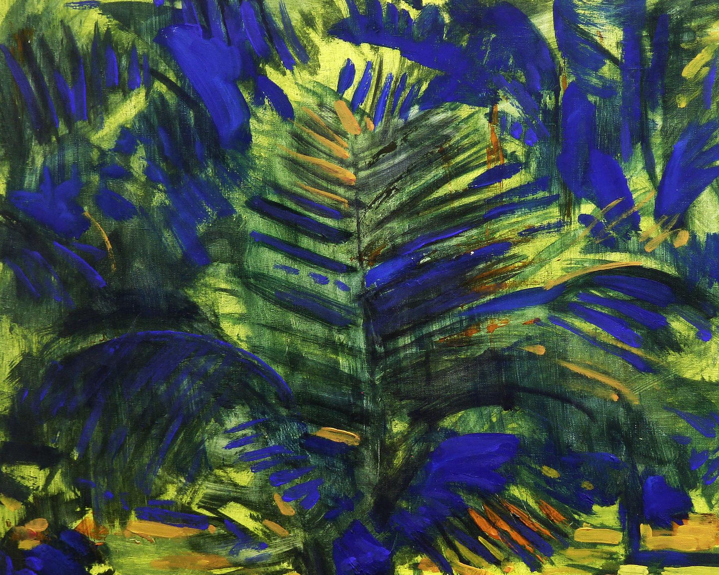 Vibrant Tropic Ed Potapenkov oil painting of abstract palm fronds in blue, green, yellow