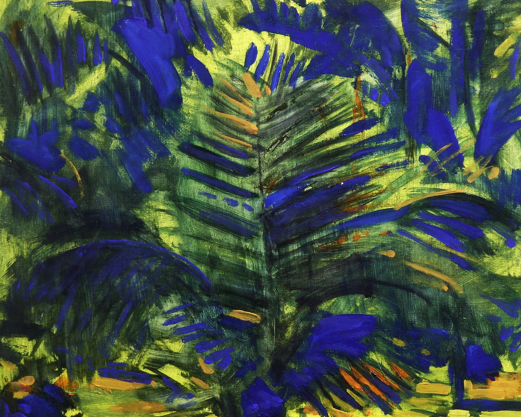 Vibrant Tropic Ed Potapenkov oil painting of abstract palm fronds in blue, green, yellow