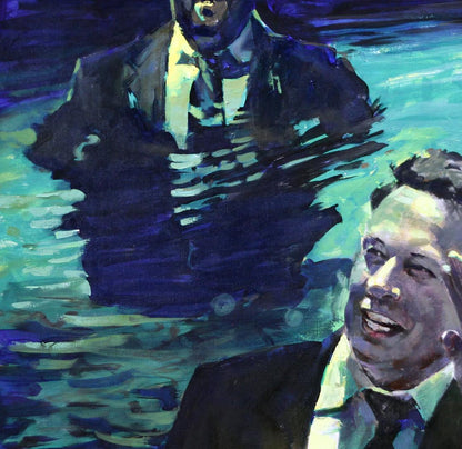 Oil painting Typical Elon Ed Potapenkov: suited men in teal water