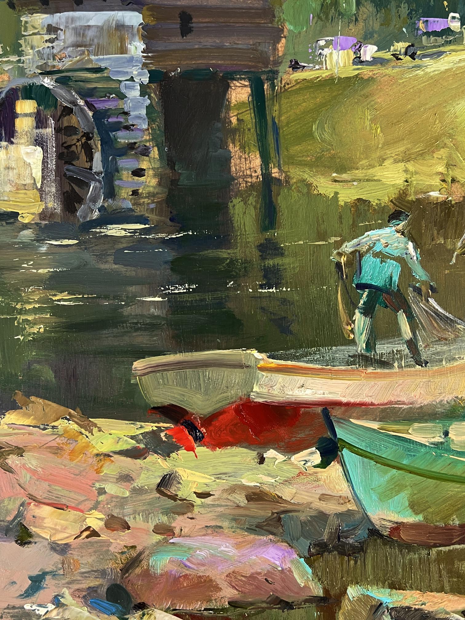 Oil painting of red rowboat and teal boat on rocky shore by Yuriy Suprunchuk