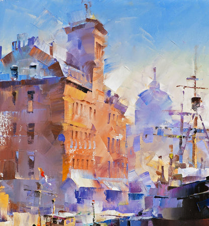 Vibrant impressionist Oil painting Bliss Volodymyr Gluhomanyuk harbor scene
