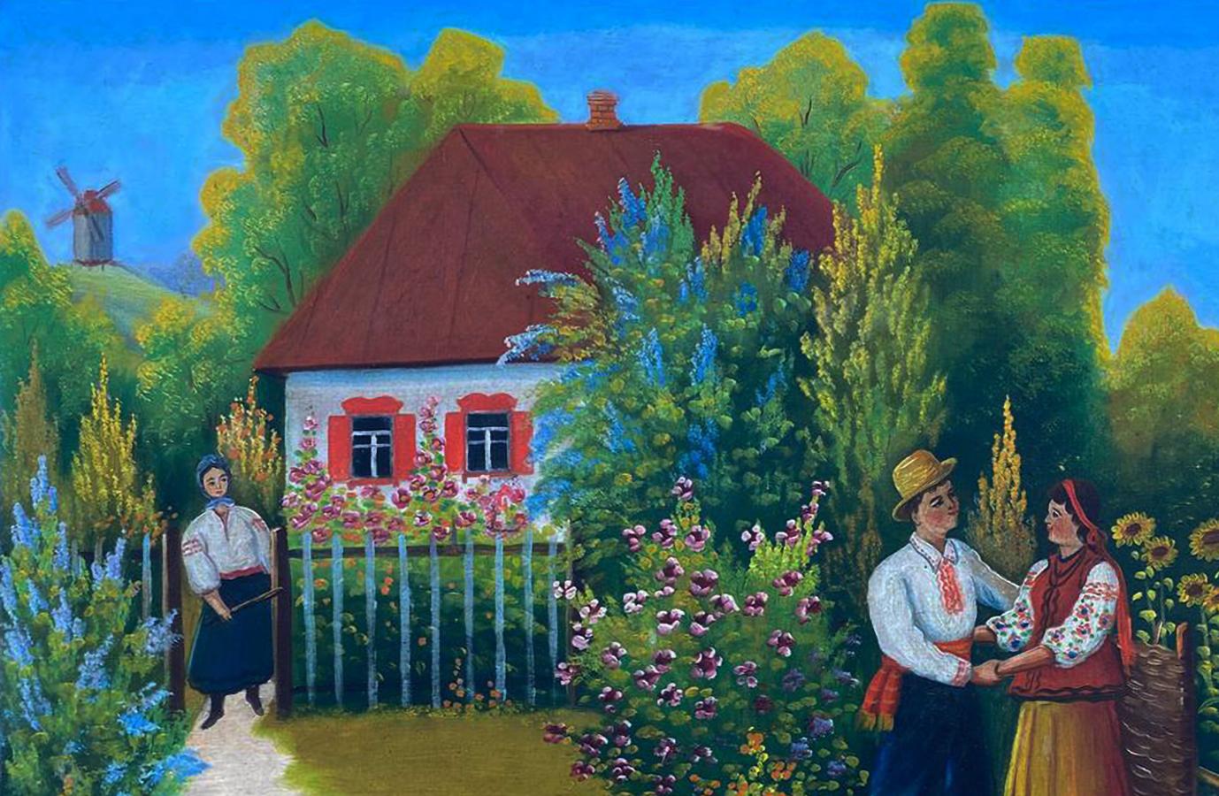 Oil painting of charming white cottage near bridge with red roof, lush greenery