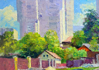 Oil painting Along the city street by Boris Serdyuk with purple buildings and trees