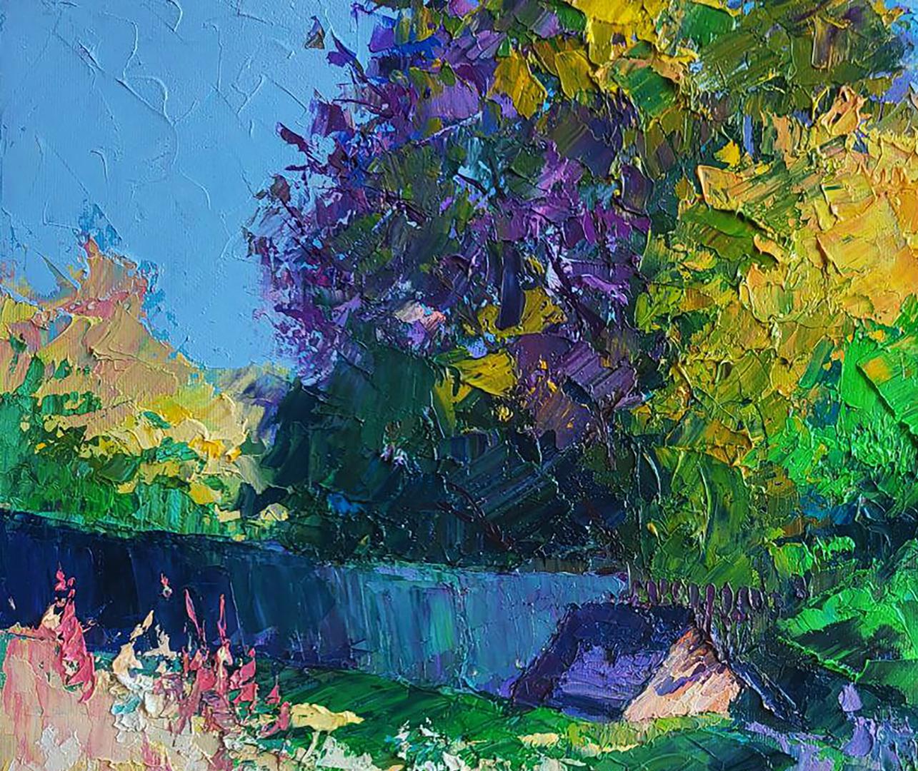 Vibrant impressionist oil painting Summer by Boris Serdyuk, purple yellow tree
