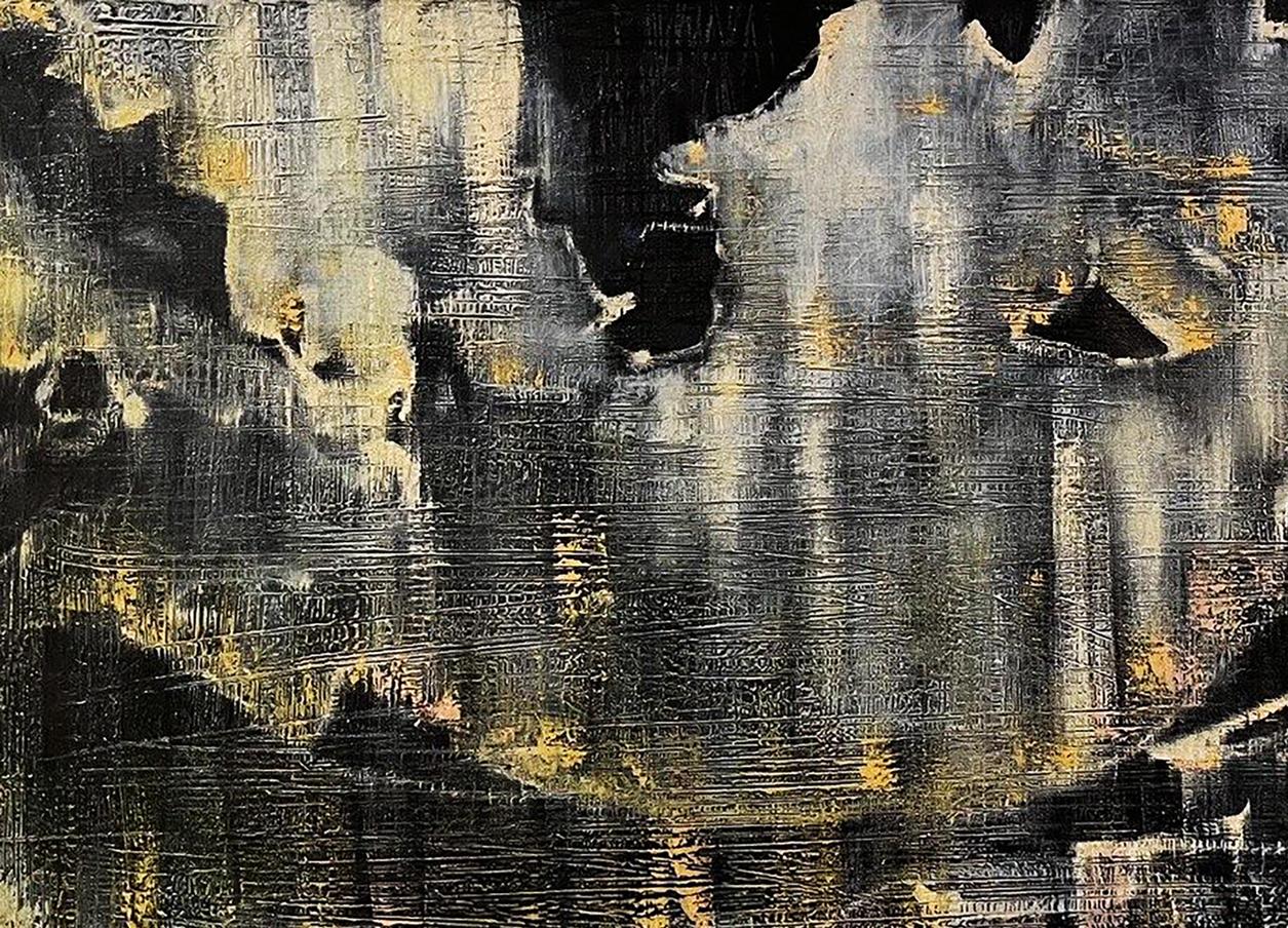 Oil painting Man Made Nature by Serhiy Kovalev with bold black, gray, gold strokes