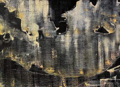 Oil painting Man Made Nature by Serhiy Kovalev with bold black, gray, gold strokes